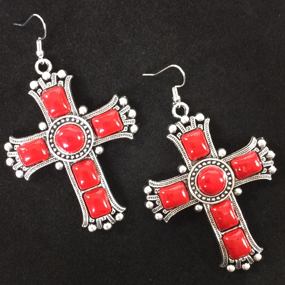 NEW! JR Red & Silver Plated Cross Earrings